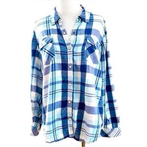 SONOMA PLAID COTTON LARGE SHIRT BLUE WHITE BUTTON DOWN WESTERN